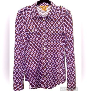 Tory Burch Silk Edie Diamond Print Purple and Orange  Blouse